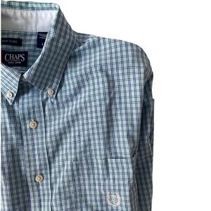 Chaps Plaid Button Down Shirt Short Sleeve Easy Care Blue Green Large EUC Nice